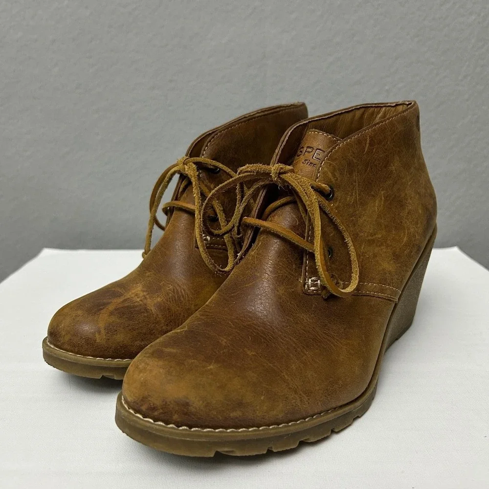 Sperry Leather Wedge Harlow Bootie Women's 8 Cognac Dressy Casual Boho Earthy